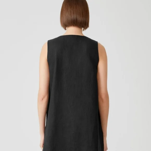 NWT EILEEN FISHER Black Linen Sleeveless Button Front Long Tunic, Size S/P - Picture 2 of 10